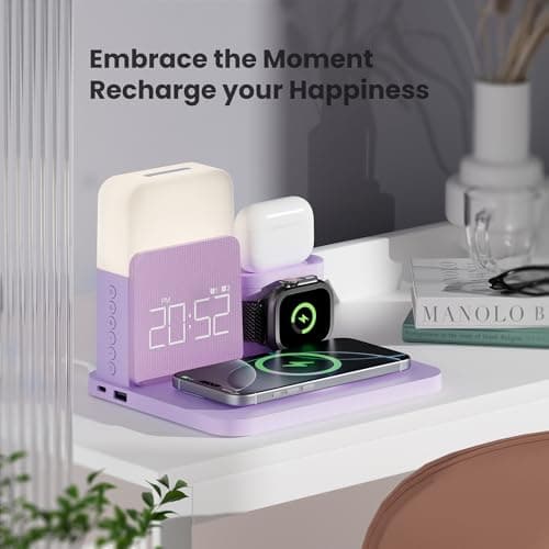 Wireless Charging Station, 7 in 1 Wireless Charger Stand with Dual Alarm Clock, Charging Dock for iPhone17/16/15/14/13/12/11/Pro/Max/Samsung Phone, Apple Watch 10/9/8/7/6/5/SE, AirPods 4/3/2 (Purple) - Thumbnail 5