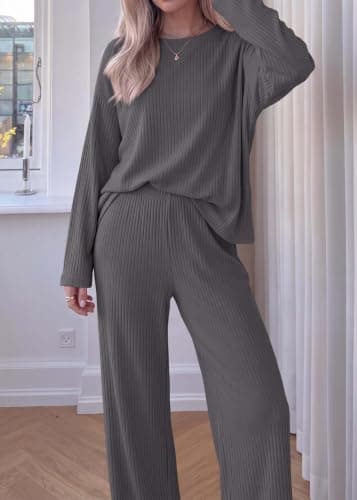 KIRUNDO Spring 2 Piece Lounge Sets for Women Long Sleeve Ribbed Knit Tops Wide Leg Pants Matching Travel Outfits Postpartum(Dark Grey, XX-Large) - Thumbnail 5