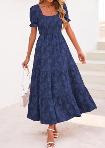 Lazysmile Women's Summer Boho Floral Maxi Dress Short Sleeve Square Neck Smocked Ruffle Elegant Wedding Guest Dress Navy - Thumbnail 4