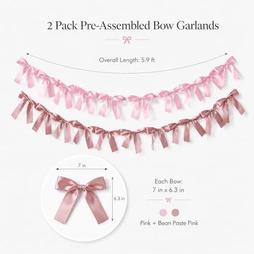 Pink Bow Garland Banner Coquette Birthday Party Decorations, 5.9FT Satin Bow Banner Decorations for Baptism Gift Daughter Nursery Baby Bridal Shower Wedding Favors Engagement Party Supplies - Thumbnail 2