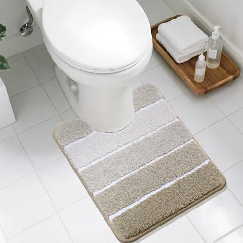 COSY HOMEER Toilet Rugs U-Shaped 24"x20", Ultra Soft Absorbent Bath Mat with Non-Slip TPR Backing, Machine Washable Shaggy Rug for Toilet, Beige & White