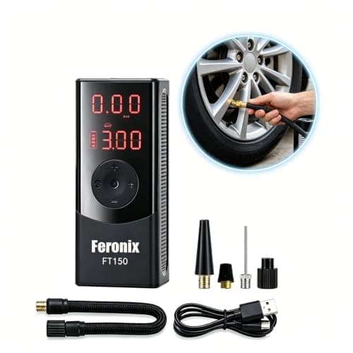 FERONIX FT150 Tire Inflator Portable Air Compressor - Rechargeable Air Pump for Car Tires, 150 PSI Smart Electric Bike Pump with Auto Shut-Off, LCD Screen & Emergency LED Light for Motorcycles, Balls