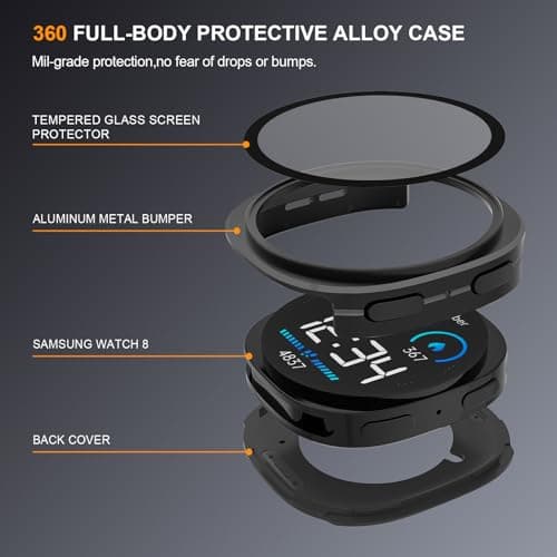 SDOCEBF Aluminum Alloy Case for Samsung Galaxy Watch 8 44mm, 3-in-1 Full Coverage Bumper with Built-in Screen Protectorctor, Slim Shockproof Metal Protective Cover, Black - Thumbnail 2