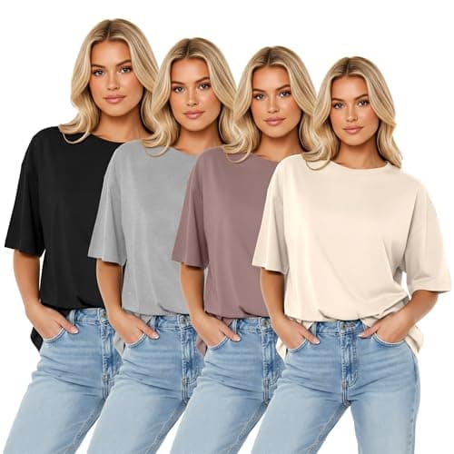 LETSEE 4 Pack Oversized Tshirts for Women (1 Mushroom 1 Light Grey 1 Apricot 1 Black, Small) - Image 1