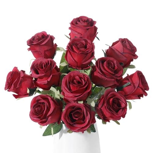 Wenhuidr 12pcs Dark Red Roses Artificial Flowers – Realistic Silk Velvet Fake Rose with Long Stems for Valentines Day Wedding Bouquets Home Decoration Party Centrepieces & DIY Floral Arrangements