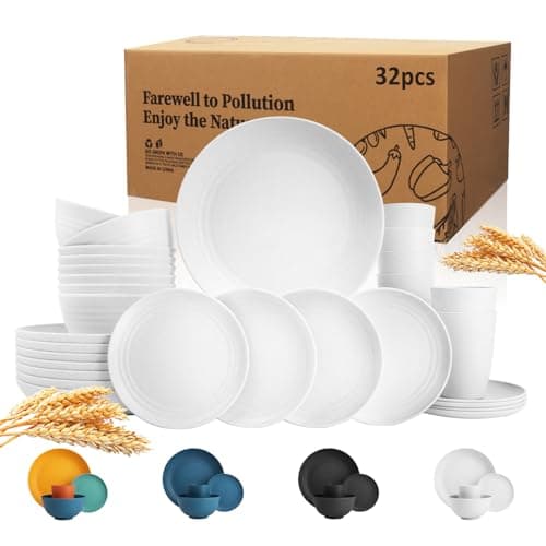 Wrova 32-piece Kitchen Alternative Plastic Wheat Straw Dinnerware Sets,Unbreakbale Dishwasher Safe Kitchen Bowls and Plates Sets with Cups,Modern Apartment Essential Dishes Set for 8.White Series