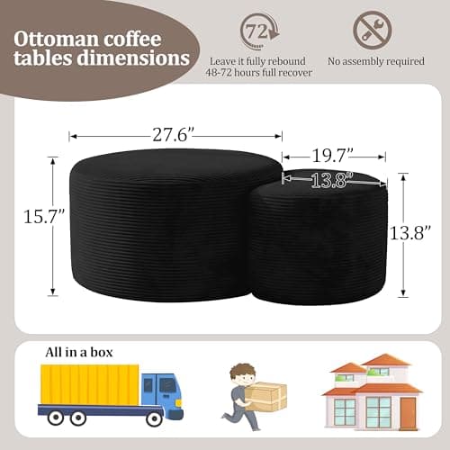 BSHOMGI Nesting Coffee Table Set of 2, Upholstered Round Corduroy Circle Foam Round Side Table for Living Room, Entryway Set, 32"+17" Footrest No Assembly (Black, 32"+17") - Thumbnail 2