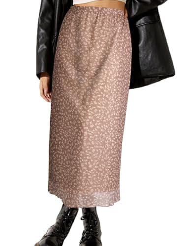 Avanova Women Floral Bohemian Print Mesh Midi Skirt High Waist Lettuce Trim Long Straight Skirt Apricot Floral Large - Image 1