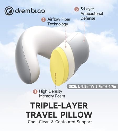 drembloo Neck Pillow Airplane, Premium Memory Foam Cooling Travel Pillows for Sleeping, Adjustable Flight Sleep Pillow with Comfortable Breathable Cover, Portable Plane Accessories - Thumbnail 6