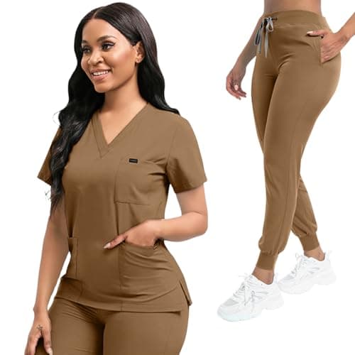 YEZEX Scrubs for Women Set, Stretch V-Neck Top & Jogger Pants, 8 Pockets (Brown) - Image 1