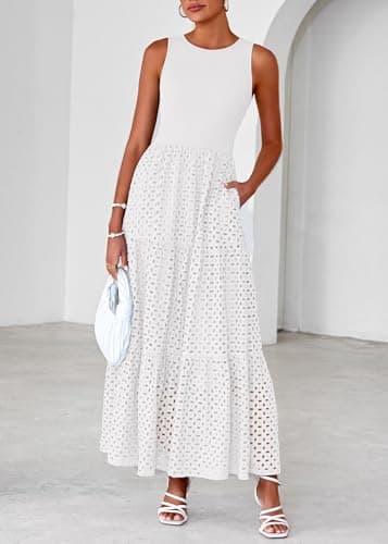 Lazysmile Womens Summer Dresses Crewneck Sleeveless A-Line Hollow Out Eyelet Tiered Tank Maxi Dress Sundress with Pockets White - Thumbnail 3