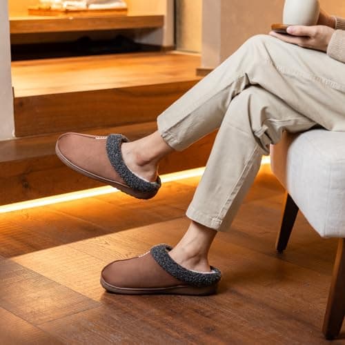 GOEWY House Slippers for Men with Memory Foam Indoor Outdoor Moccasin House Shoes Warm Slip On with Non-Slip Sole Gifts For Men Him Dad Coffee 9 10 - Thumbnail 2