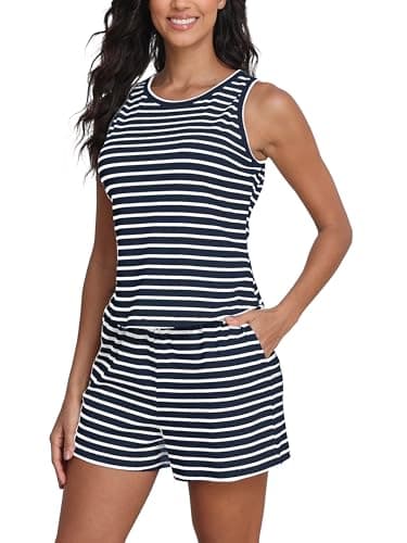 COCOMARTS Womens 2 Piece Sets Striped Sleeveless Tank Tops Matching Shorts Casual Loungewear Pajama Sets Fashion Outfits 2025 Navy Blue Large