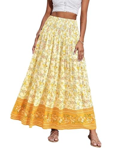 ZAFUL Women’s Summer Boho Maxi Skirts Bohemian Print Smocked High Wasited Flowy Tiered Ruffle Long Beach Skirt 4-Yellow Floral XS - Image 1