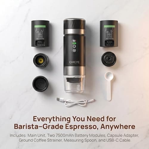 OMEYE Portable Espresso Maker for Camping Travel Office – 20 Bar Self-Heating Cordless Coffee Machine, LED Display, Dual 7500mAh Battery, USB-C, Compatible with Small/Large Capsules & Ground Coffee - Thumbnail 6