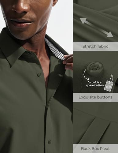 PJ PAUL JONES Mens Short Sleeve Button Down Shirts Wrinkle Free Untrucked Dress Shirts for Men Stretch Collared Shirt Solid Regular Fit Army Green - Thumbnail 3