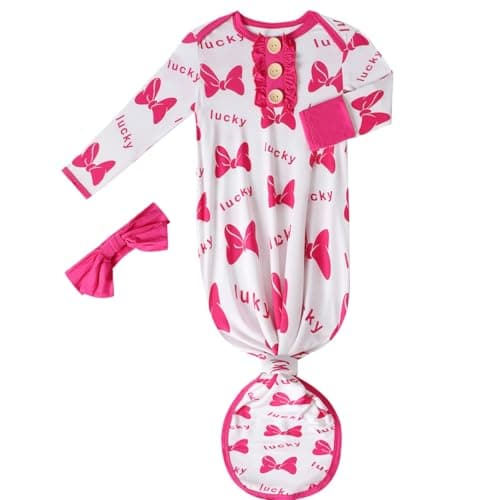 Baby Newborn Knotted Gown, Soft Breathable Viscose from Bamboo for Infant Home Coming Outfit, Knotted Gown with Headband (Pink Lucky Bow, 1-3M)