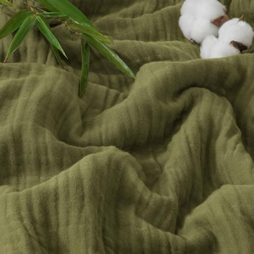 PHF Cooling Muslin Blanket Twin Size, Lightweight Gauze Blanket for Adults, 60% Rayon Derived from Bamboo & 40% Cotton for Summer, 4-Layer Soft Breathable for Hot Sleepers, 66"x90", Olive Green - Image 1
