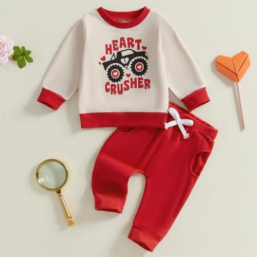 TheFound Toddler Boys Valentine's Day Outfits Heart Truck Print Long Sleeve Sweatshirts Top Long Pants Newborn Baby Clothes (Red, 18-24 Months) - Thumbnail 2