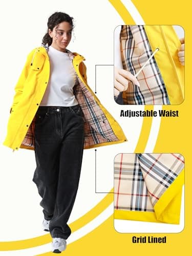PITINAN Plus Size Lined Rain Jacket Waterproof Trench Coat Women Spring Fall Jackets Cover Hips Anti-Wrinkle Windbreaker Jacket Womens Rain Coat with Hood For Outdoor Activities Yellow XXL - Thumbnail 3