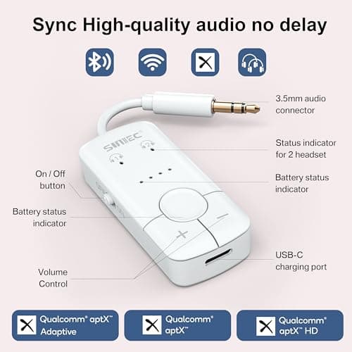 Sunitec Bluetooth 5.3 Transmitter for Airplane Connect 2 Headphones or Earphone: Wireless Plane Adaptor with 3.5mm AUX Audio Jack for Flight Airline Travel Gym - Support aptX HD Adaptive 35Hrs Lasting - Thumbnail 4