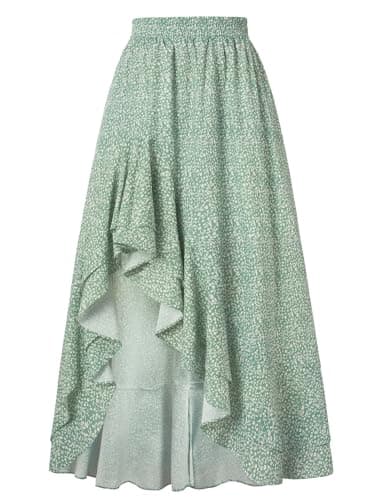 Women's Floral Maxi Skirts High Waist Summer Boho Flowy Ruffle Long Skirt with Pockets Green S - Image 1