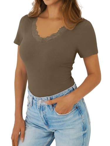 GKBK V Neck T Shirts for Women Lace Tops Going Out Casual Ribbed Tight Fitted Shirts Basic Tee Shirt 2026 Spring Clothes Summer Fashion Outfits Trendy Brown - Thumbnail 3