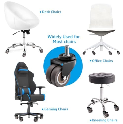 ASHGOOB 2 Inch Office Chair Wheels (Set of 5), Heavy Duty Grey Rubber Chair Casters Replacement, Desk Chair Wheels for Hardwood Floors and Carpet, Smooth & Quiet Universal Fit for Most Chairs(5 Pack) - Thumbnail 4