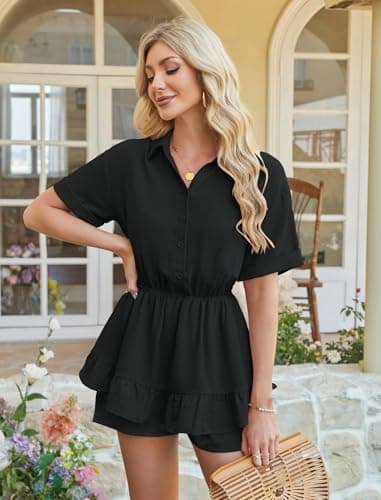 Angashion Womens Summer Shorts Romper: Self Tie V Neck Layer Ruffle Hem Romper Dress with Pockets 2492Black Small - Thumbnail 6