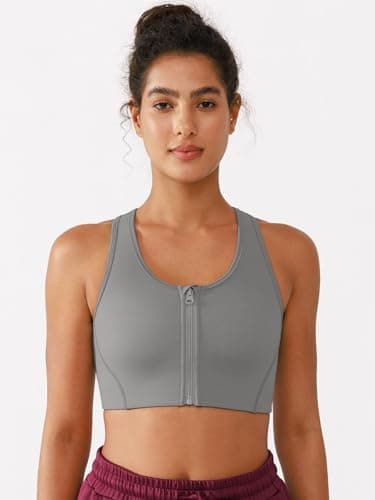 BRXL High Support Front Zip Sports Bra for Women with Phone Pocket Padded Racerback Workout Gym Running Yoga Bra Grey - Thumbnail 2