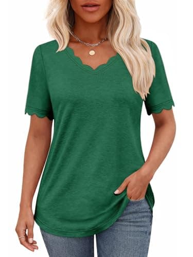 Summer Tops for Women 2026 Green Scalloped V Neck Short Sleeve Casual Dressy Blouse Curved Hem Loose Fit Lightweight Breathable Beach Travel Outfit Small - Image 1