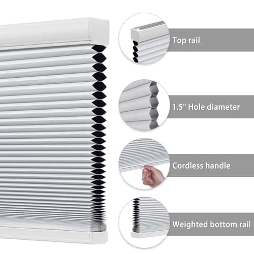 Changshade Cellular Shades Cordless Blinds Blackout for Indoor Windows, Honeycomb Blind Room Darkening Shade 1.5'' Single Cell Pleated, Easy to Install Shade Size 47" Width x 72" Height, White - Thumbnail 3