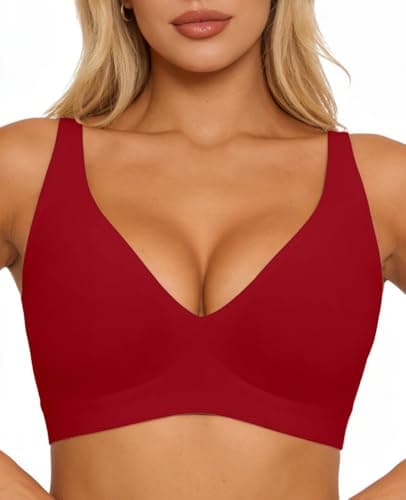 Jelly Wireless Bra Seamless Deep V Push Up T-Shirt Comfortable Plunge No Underwire Bras with Adjustable Straps Everyday Bras Red