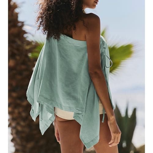 Ainangua Womens Sheer Poncho Beach Tops Casual Split Sleeve Drawstring Cover Up Versatile Flowy Cape Shawl Vacation Outfits(Cyan,M) - Thumbnail 2