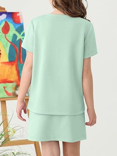 XMWEALTHY Girls Clothing Cute Summer Clothes Round Neck T-Shirt and Drawstring Athletic Tennis Skirt Sets Kids Outfits Bright Green 13-14Y - Thumbnail 4