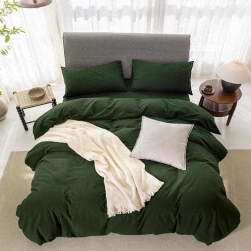 ELIMMO Cooling Duvet Cover Set 3 Pieces-100% Washed Cotton Linen Like Textured Ultra Soft Cozy Bedding with Zipper Closure,Includes 1 Duvet Cover & 2 Pillow Shams(Forest Green,Oversized King 120"x98") - Thumbnail 5