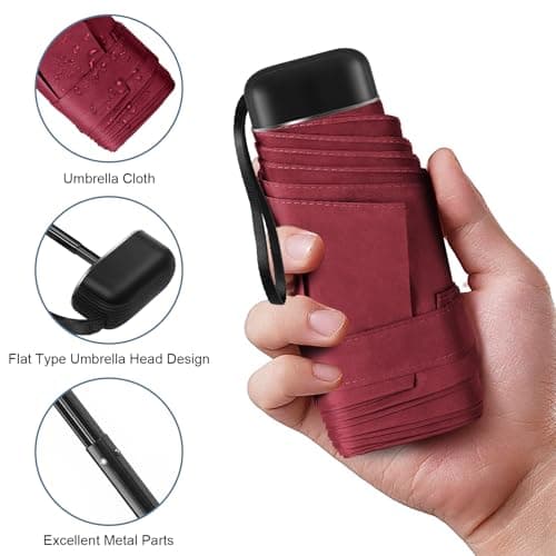 Mini Umbrella with Case for Travel Small Compact Lightweight Wine Red - Thumbnail 4