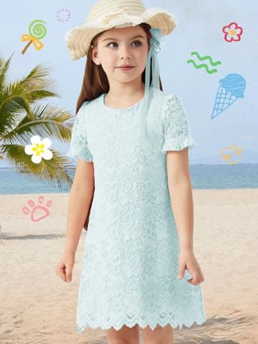 ALLOVIN Girls & Toddlers Graduation Soft Lace A-Line Short Sleeve Birthday Party Flower Girl Dress Wedding Communion | Blue | 6Y - Thumbnail 4