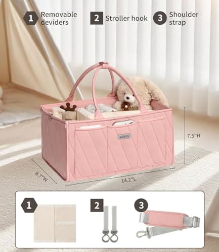 VKSAO Pink Diaper Caddy Organizer – Portable Storage Basket with Shoulder Strap & Stroller Hooks, Splashproof Quilted Nursery & Car Tote for Baby Girl Shower Gift, Baby Registry, Blush Pink - Thumbnail 5