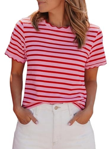 Womens Striped Shirt Summer Color Block Scalloped Short Sleeve Tee Shirts Casual Loose Fit Crewneck Tops Pink S - Image 1