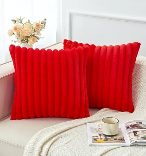 GriNeed Pack of 2 Christmas Red Pillow Covers 18x18 Inch Decorative Faux Fur Throw Pillow Cover, Soft Lumbar Plush Pillowcases for Couch Sofa Bed Living Room, Fluffy Cute Home Boho Accent Decor - Thumbnail 5