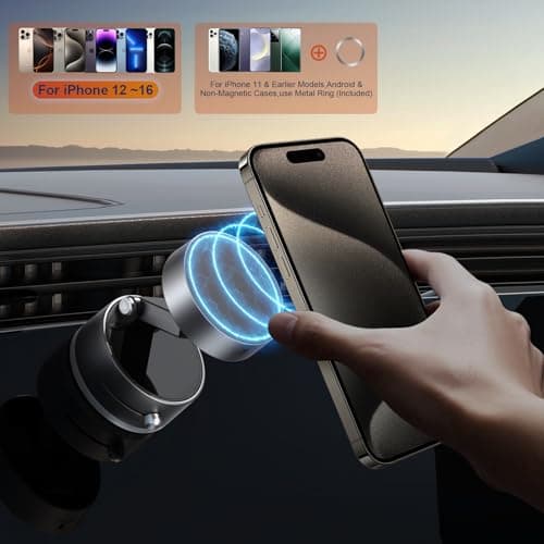 OOCC Vacuum Magnetic Phone Holders for Your Car, 360°Rotating Adjustable Magsafe Car Phone Mount, Foldable Magnetic Car Phone Holder for All Smartphones & All Car Models, Silver Grey - Thumbnail 2