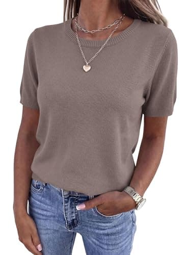 BTFBM Women's Short Sleeve Sweaters 2026 Summer Crew Neck Knit Work Shirts Business Casual Tops Basic Fall Fashion Clothing(Apricot Khaki, Medium) - Thumbnail 6