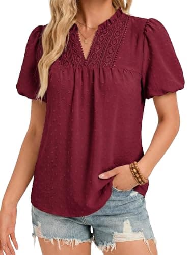 Funlingo Tops for Women Dressy Casual Spring Short Puff Sleeve V Neck Boho Blouses Western Flowy Swiss Dot Cute Babydoll Shirts Wine Red M - Image 1