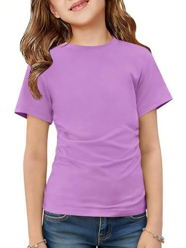 ZDC Girls Short Sleeve T Shirts Kids Summer Crewneck Ruched Tunic Tops Basic Tees 5-14 Years Purple - Image 1