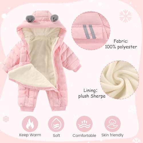 JiAmy Baby Snowsuit Baby Bear Hooded Winter Outfit Double Girl Boy Zipper Winter Clothes Romper Pink 3-6 Months - Thumbnail 4
