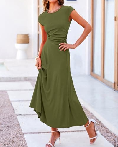 BTFBM Summer Outfits For Women 2026 Two Piece Sets Casual Crew Neck Short Sleeve Cropped Spring Tops Midi Skirt Lounge Set(Army Green, Large) - Thumbnail 5