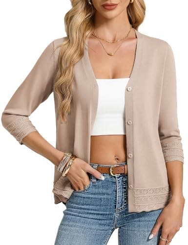 GRACE KARIN Cardigan for Women 3/4 Sleeve Lightweight Summer Cardigan Sweaters Womens Dressy Button Up Sweater(Khaki,Large) - Image 1