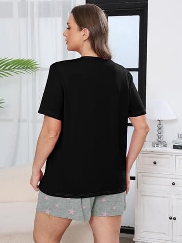 AusLook Plus Size Pajama Set for Women 2 Piece V Neck Short Sleeve Loungewear 4X Set with Pajama Printed Shorts Summer Sleepwear Loose Fit 1X-5X - Thumbnail 6