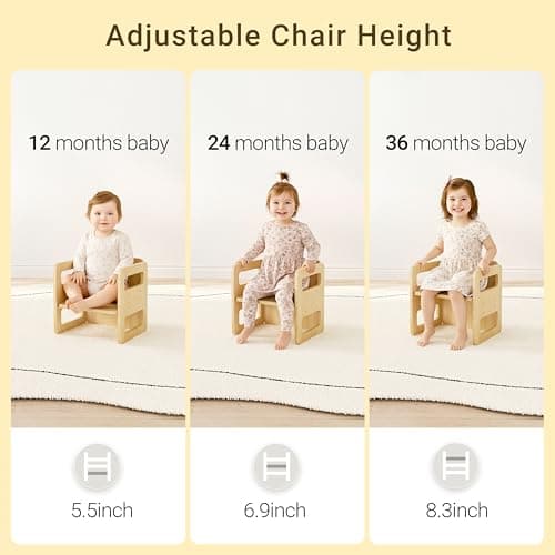 Tilhumt Montessori Weaning Table and Chair Set - 3 Adjustable Height Kids Activity Table with Fence Wood Toddler Table and Chair Set for 1-3 Age Kids for Read, Playing, Eating, Step Stool - Thumbnail 3
